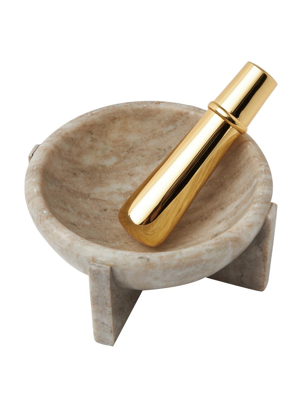 Marmor-Mörser mit goldenem Stößel Rocoto, 2-tlg., Stößel: Aluminium, Beige Marmor, Goldfarben, Ø 17 x H 8 cm
