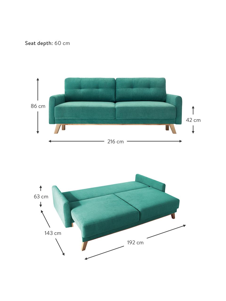 Sofa rozkładana z aksamitu z miejscem do przechowywania Balio (3-osobowa), Tapicerka: 100% aksamit poliestrowy , Nogi: drewno naturalne, Szmaragdowy aksamit, S 216 x G 102 cm