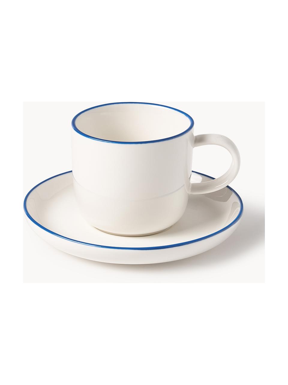 Tazzine da espresso con piattino in porcellana Facile 2 pz, Porcellana solida di alta qualità (ca. 50% caolino, 25% quarzo e 25% feldspato), Bianco latte con bordo blu scuro, Ø 7 x Alt. 6 cm, 130 ml