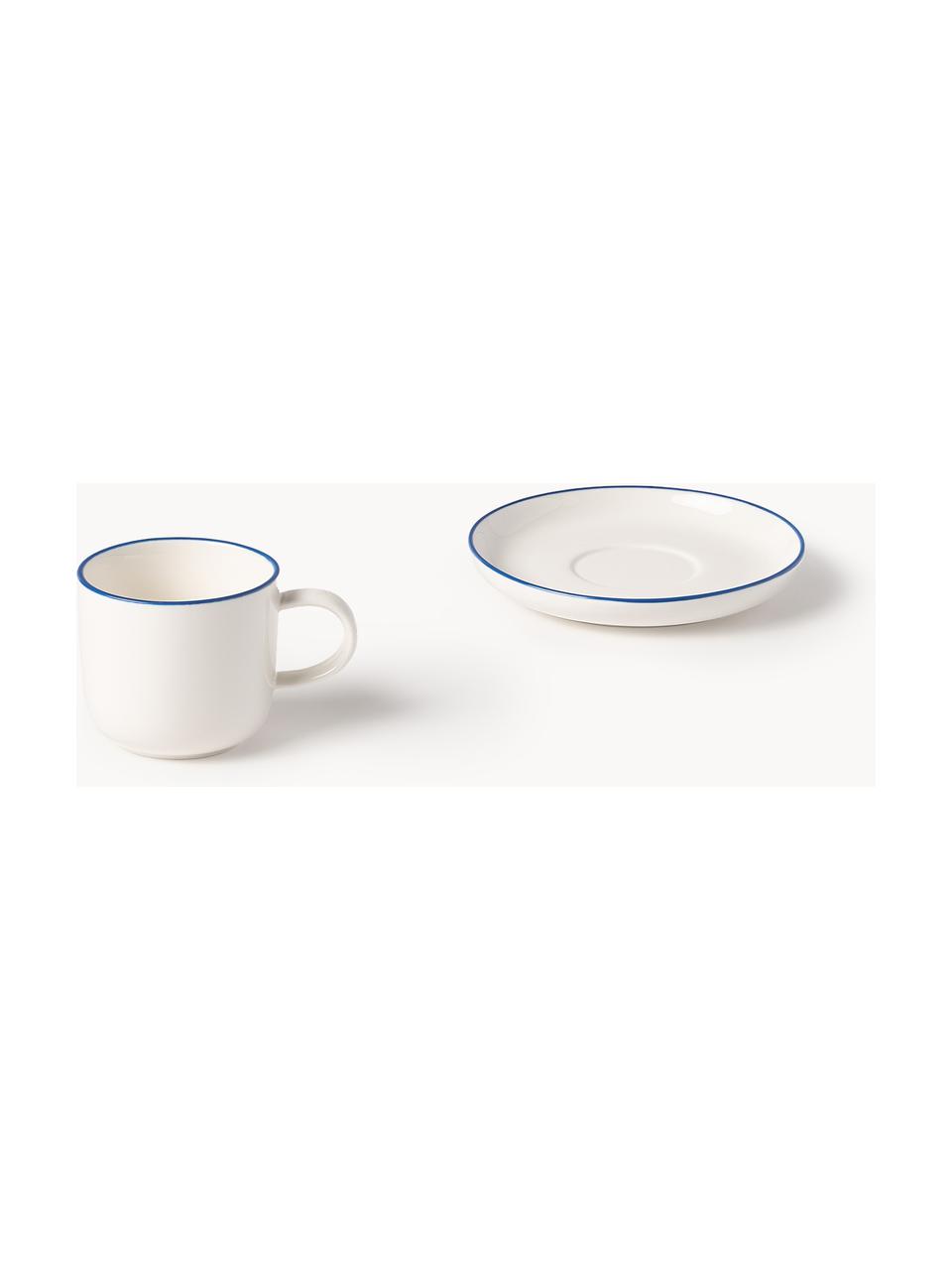 Filiżanka do espresso ze spodkiem Facile, 2 szt., Porcelana twarda (ok. 50% kaolin, 25% kwarc i 25% szpat), Złamana biel z ciemnoniebieską krawędzią, Ø 7 x W 6 cm, 130 ml