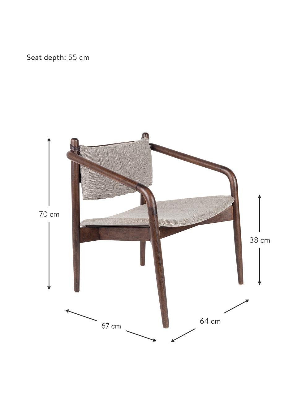Loungefauteuil Torrance van acaciahout, Bekleding: 100% polyester, Frame: massief rubberhout, Donkerbruin, grijs, B 64 x D 67 cm