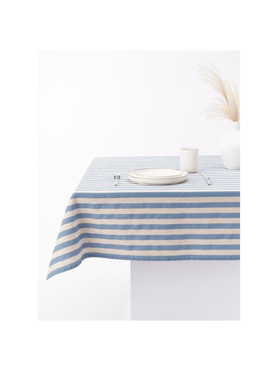 Gestreept tafelkleed Alodie, 85% katoen, 15% linnen, Blauw, wit, B 140 x H 250 cm