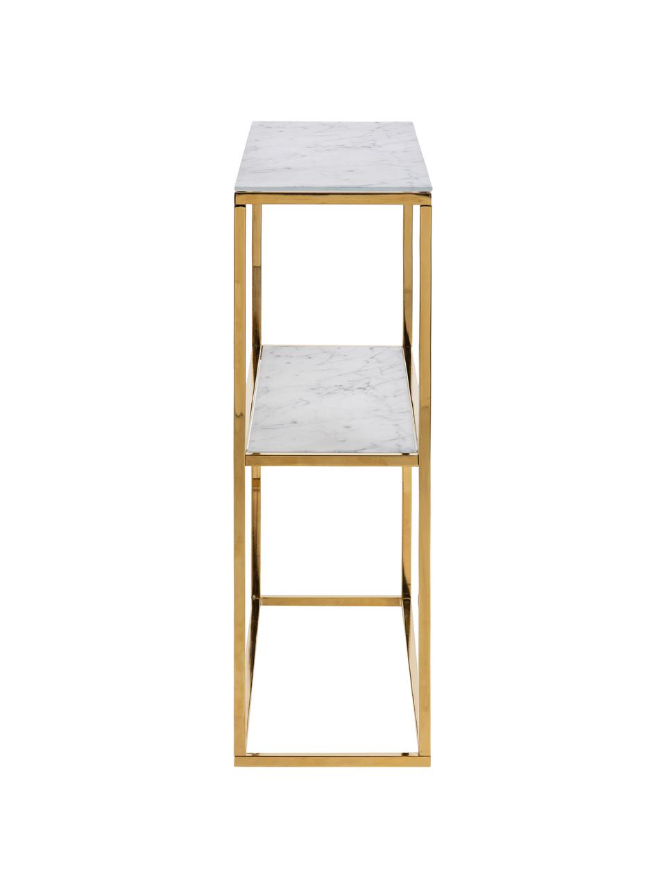 Regał z metalu o wyglądzie marmuru Aruba, Blat: szkło, Stelaż: metal powlekany, Biały, marmurowy, odcienie złotego, S 80 x W 81 cm