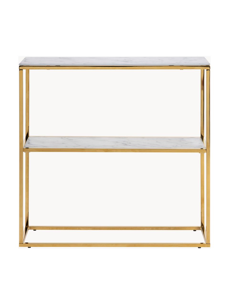 Estantería consola Aruba, tablero de vidrio aspecto mármol, Estantes: vidrio, Estructura: metal laminado, Aspecto mármol blanco, dorado, An 80 x Al 81 cm