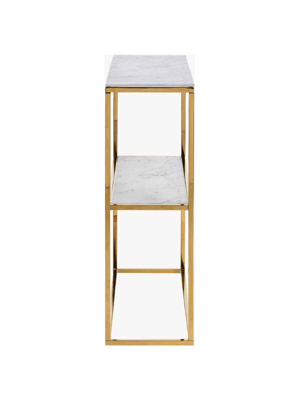 Estantería consola Aruba, tablero de vidrio aspecto mármol, Estantes: vidrio, Estructura: metal laminado, Aspecto mármol blanco, dorado, An 80 x Al 81 cm