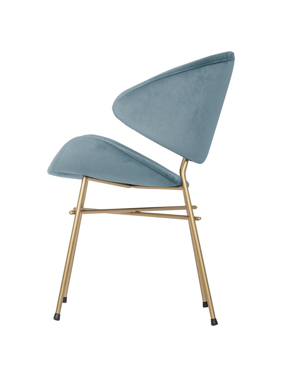Sedia imbottita in velluto idrorepellente azzurro Cheri, Rivestimento: 100% poliestere (velour) , Seduta: pannello in compensato, Struttura: acciaio verniciato a polv, Velluto azzurro, ottonato, Larg. 57 x Prof. 55 cm