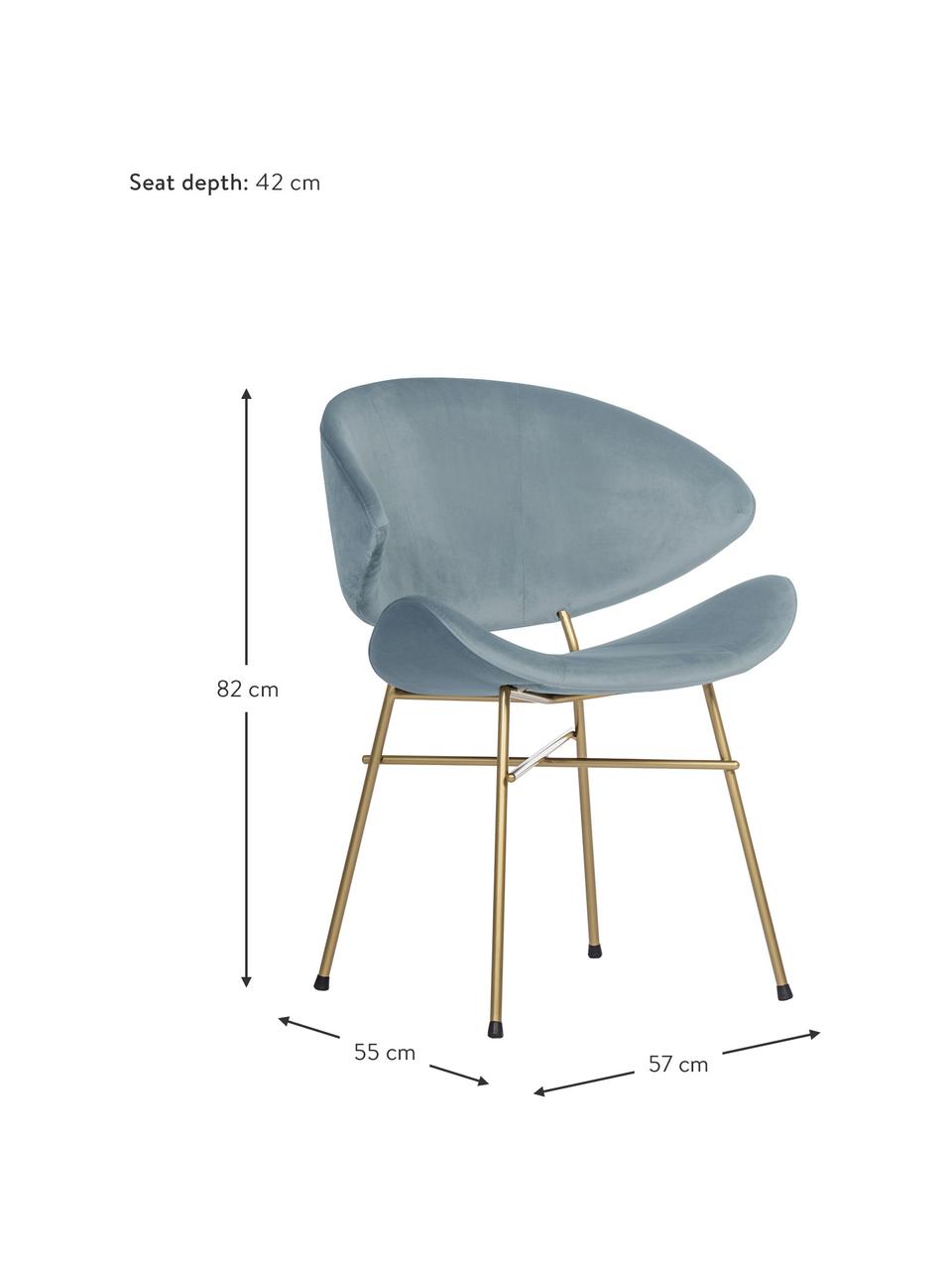 Čalúnená stolička s velúrovým vodoodolným poťahom Cheri, Zamatová svetlomodrá, mosadzné odtiene, Š 57 x H 55 cm