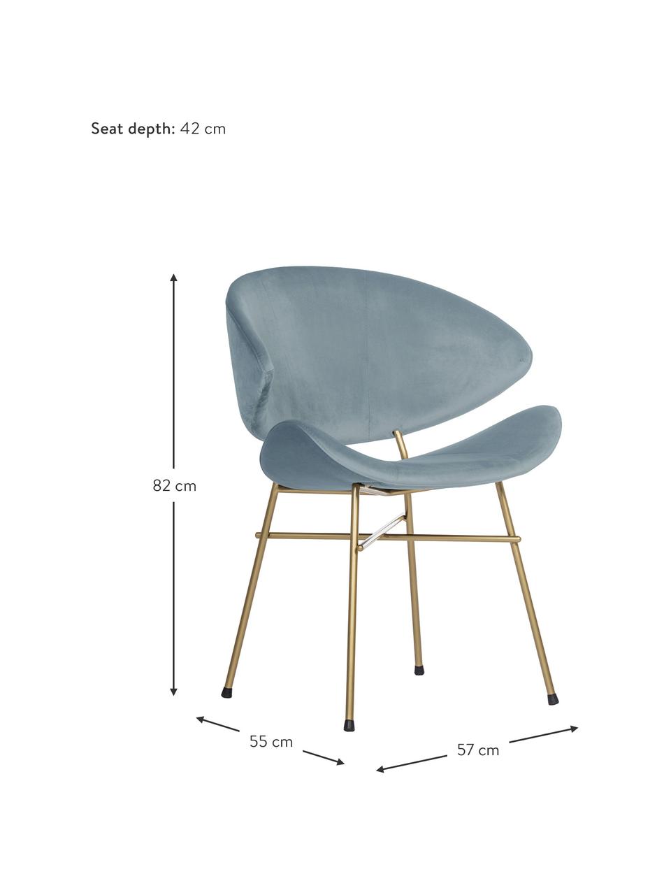 Sedia imbottita in velluto idrorepellente azzurro Cheri, Rivestimento: 100% poliestere (velour) , Seduta: pannello in compensato, Struttura: acciaio verniciato a polv, Velluto azzurro, ottonato, Larg. 57 x Prof. 55 cm