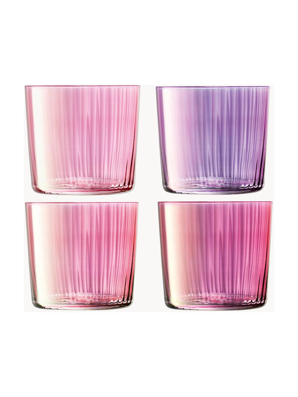 Mondgeblazen waterglazen Gems met groefreliëf, 4-delig, Mondgeblazen glas, Roze- en lilatinten, Ø 8 x H 7 cm, 300 ml