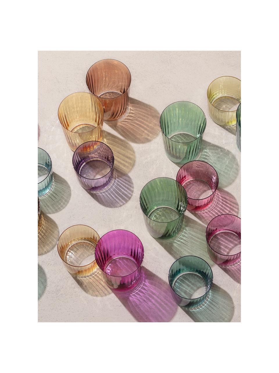 Vasos de colores con relieve de vidrio soplado artesanalmente Gemas, 4 uds., Vidrio soplado artesanalmente, Tonos rosas y lilas, Ø 8 x Al 7 cm, 300 ml