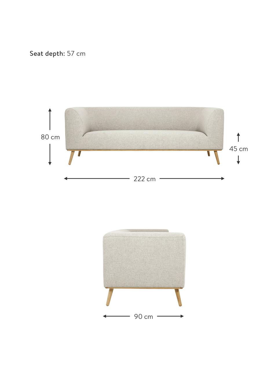 Sofa Archie (3-Sitzer) mit Eichenholz-Füße, Bezug: 100% Wolle, Gestell: Kiefernholz, FSC-zertifiz, Beine: Massives Eichenholz, FSC-, Webstoff Beige, B 222 x T 90 cm