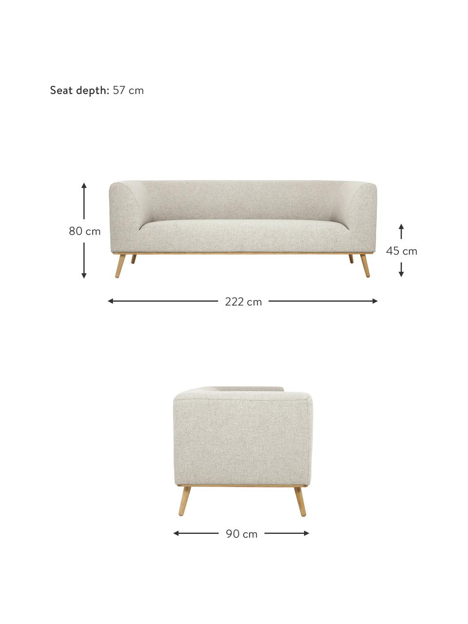 Sofa Archie (3 plazas), Tapizado:  100% lana, Estructura: madera de pino con certif, Patas: madera de roble aceitada , Tejido beige, An 222 x F 90 cm