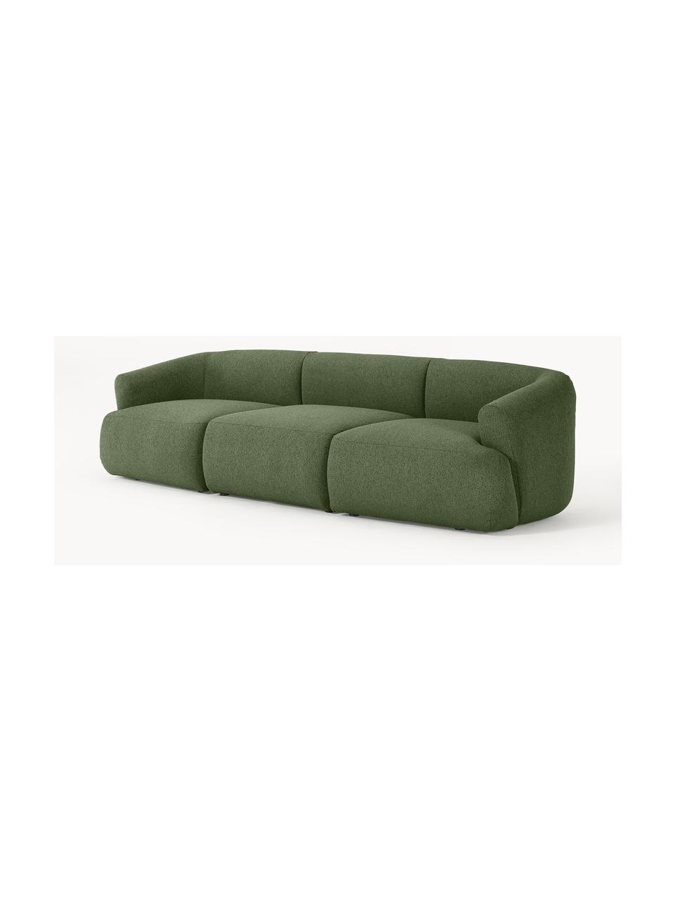 Sofá modular en tejido bouclé Sofia (3 plazas), Tapizado: tejido bouclé (100% polié, Estructura: madera de abeto, tablero , Patas: plástico Este producto es, Bouclé verde oscuro, An 277 x F 103 cm