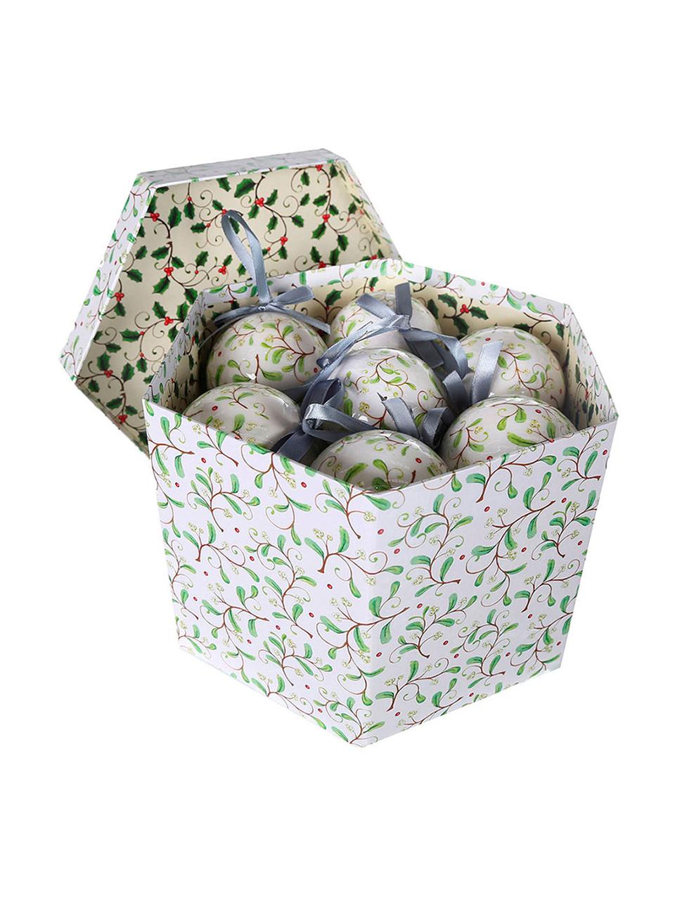Bolas de Navidad Flora, 14 uds., Bola de espuma de polietileno forrada de papel plastificado
Caja de cartón, blanco roto, verde, Ø 8 x Al 15 cm
