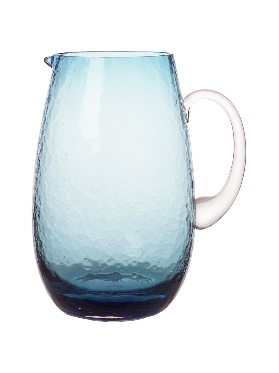 Großer mundgeblasener Krug Hammered mit gehämmerter Oberfläche, 2 L, Glas, mundgeblasen, Blau, transparent, Ø 14 x H 22 cm