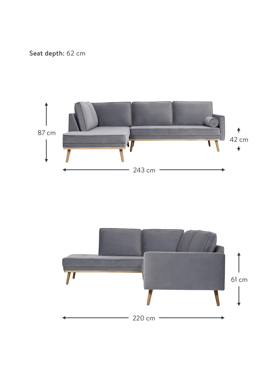 Fluwelen hoekbank Saint (3-zits) in grijs met eikenhouten poten, Bekleding: fluweel (polyester) De sl, Frame: massief eikenhout, spaanp, Fluweel grijs, B 243 x D 220 cm