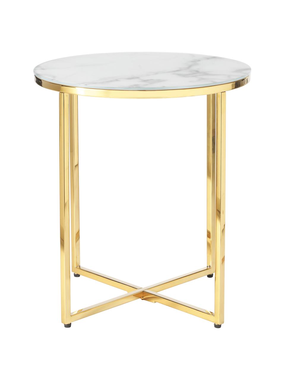 Tavolino rotondo con piano in vetro effetto marmo Antigua, Struttura: metallo ottonato, Bianco effetto marmo. dorato, Ø 45 x Alt. 50 cm
