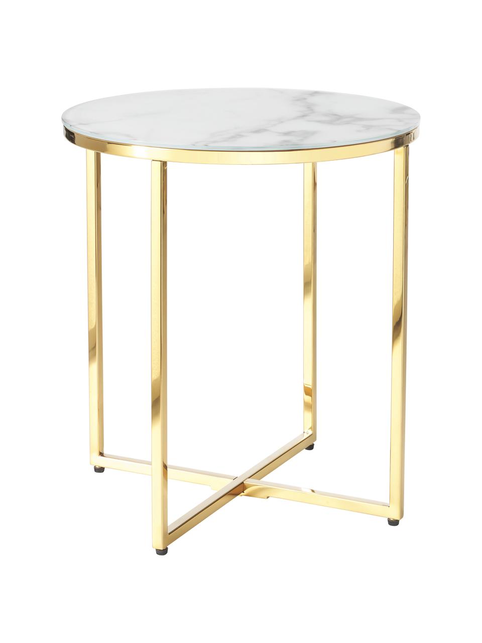 Table d'appoint ronde avec plateau en verre aspect marbre Antigua, Blanc aspect marbre, couleur dorée, Ø 45 x haut. 50 cm