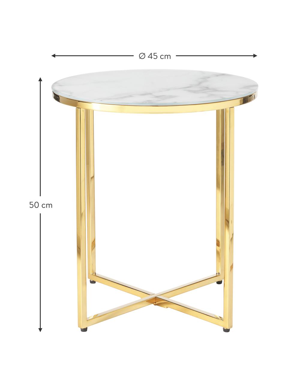 Mesa auxiliar redonda Antigua, tablero de vidrio en aspecto mármol, Tablero: vidrio estampado con aspe, Estructura: metal, latón, Aspecto mármol blanco, dorado, Ø 45 x Al 50 cm