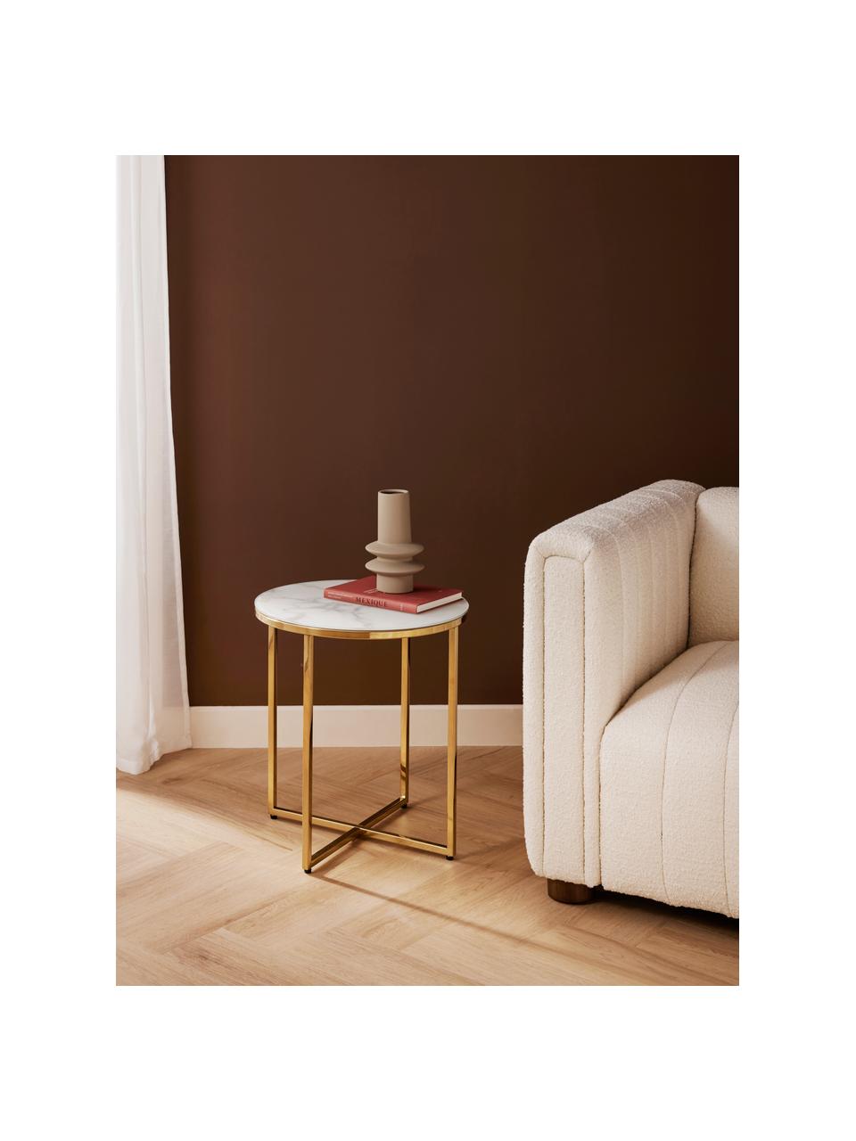 Table d'appoint ronde avec plateau en verre aspect marbre Antigua, Blanc aspect marbre, couleur dorée, Ø 45 x haut. 50 cm