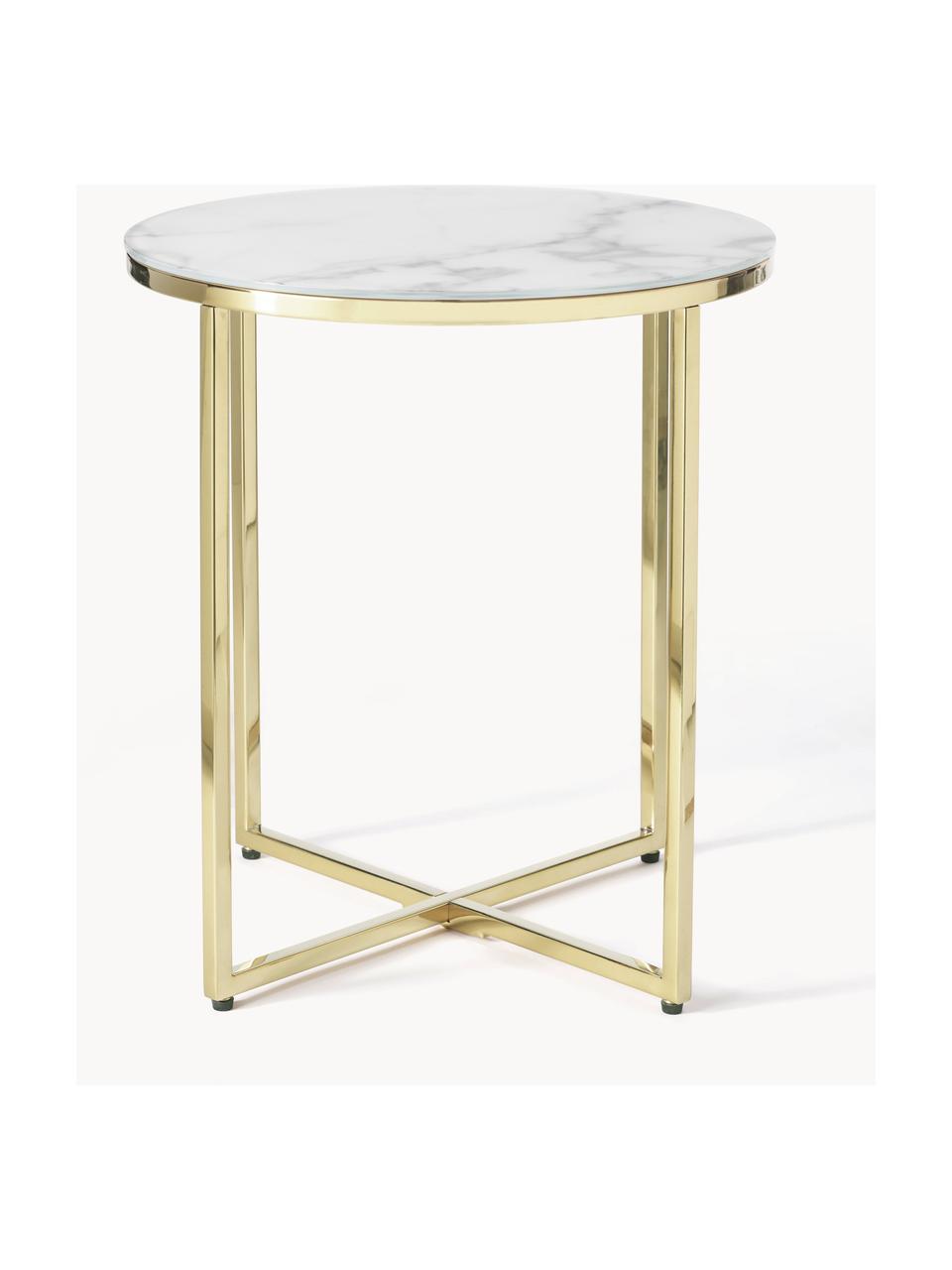 Tavolino rotondo con piano in vetro effetto marmo Antigua, Struttura: metallo ottonato, Bianco effetto marmo. dorato lucido, Ø 45 x Alt. 50 cm