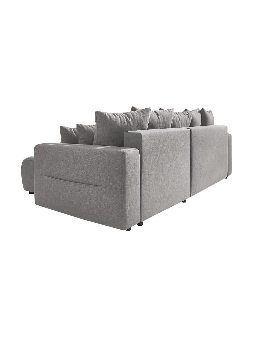 Divano letto angolare componibile in tessuto grigio chiaro con contenitore Elvi, Rivestimento: poliestere, Sottostruttura: legno, molle Nosag, Piedini: materiale sintetico, Grigio chiaro, Larg. 282 x Prof. 153 cm