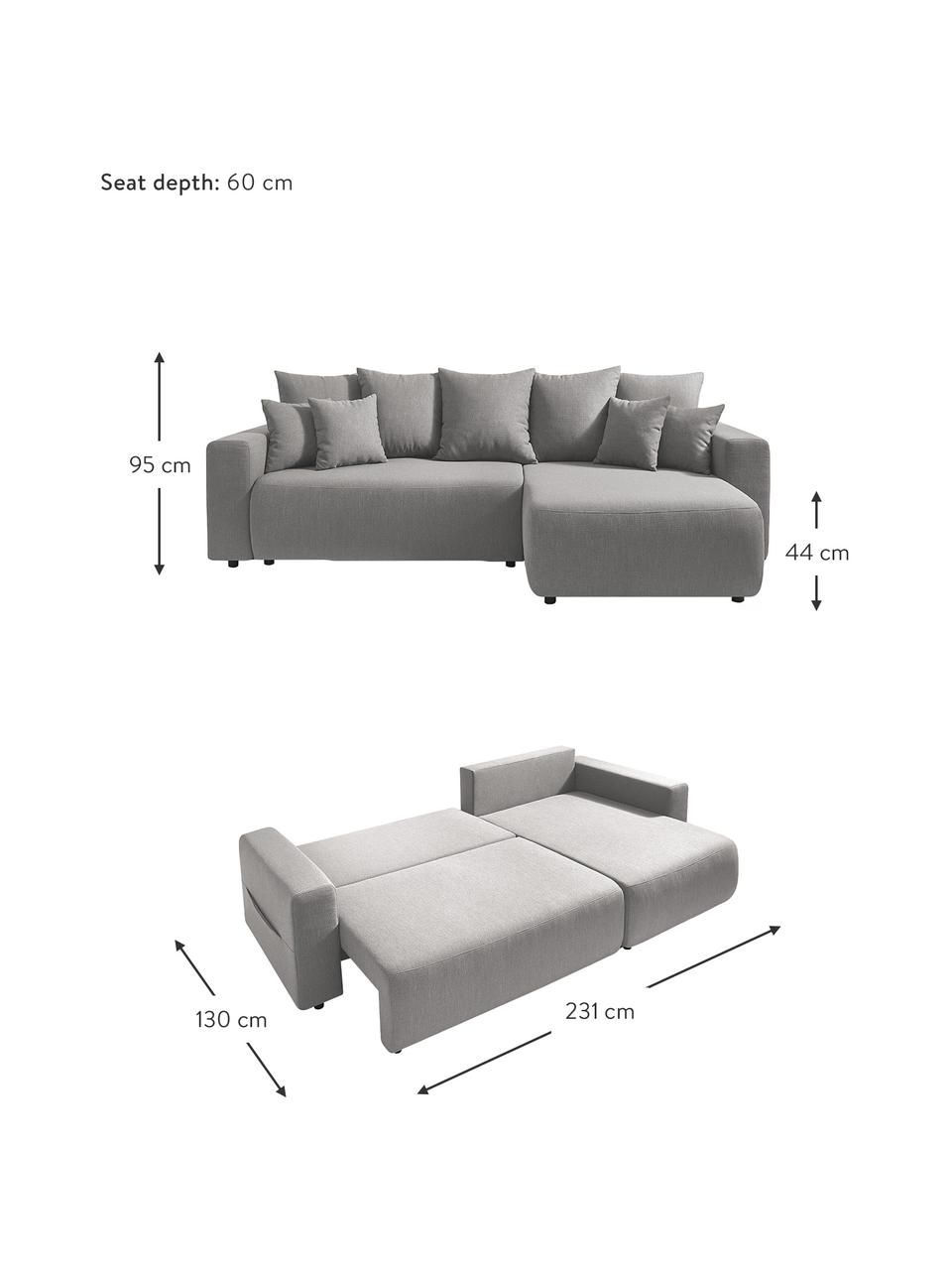 Divano letto angolare componibile in tessuto grigio chiaro con contenitore Elvi, Rivestimento: poliestere, Sottostruttura: legno, molle Nosag, Piedini: materiale sintetico, Grigio chiaro, Larg. 282 x Prof. 153 cm