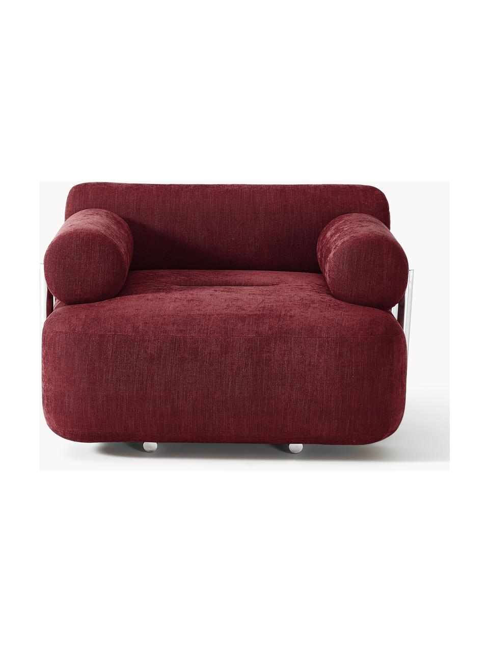 Loungefauteuil Stella, Bekleding: 85 % polyester, 15 % kato, Frame: massief sparrenhout, PEFC, Poten: kunststof, Geweven stof wijnrood, B 111 x D 100 cm