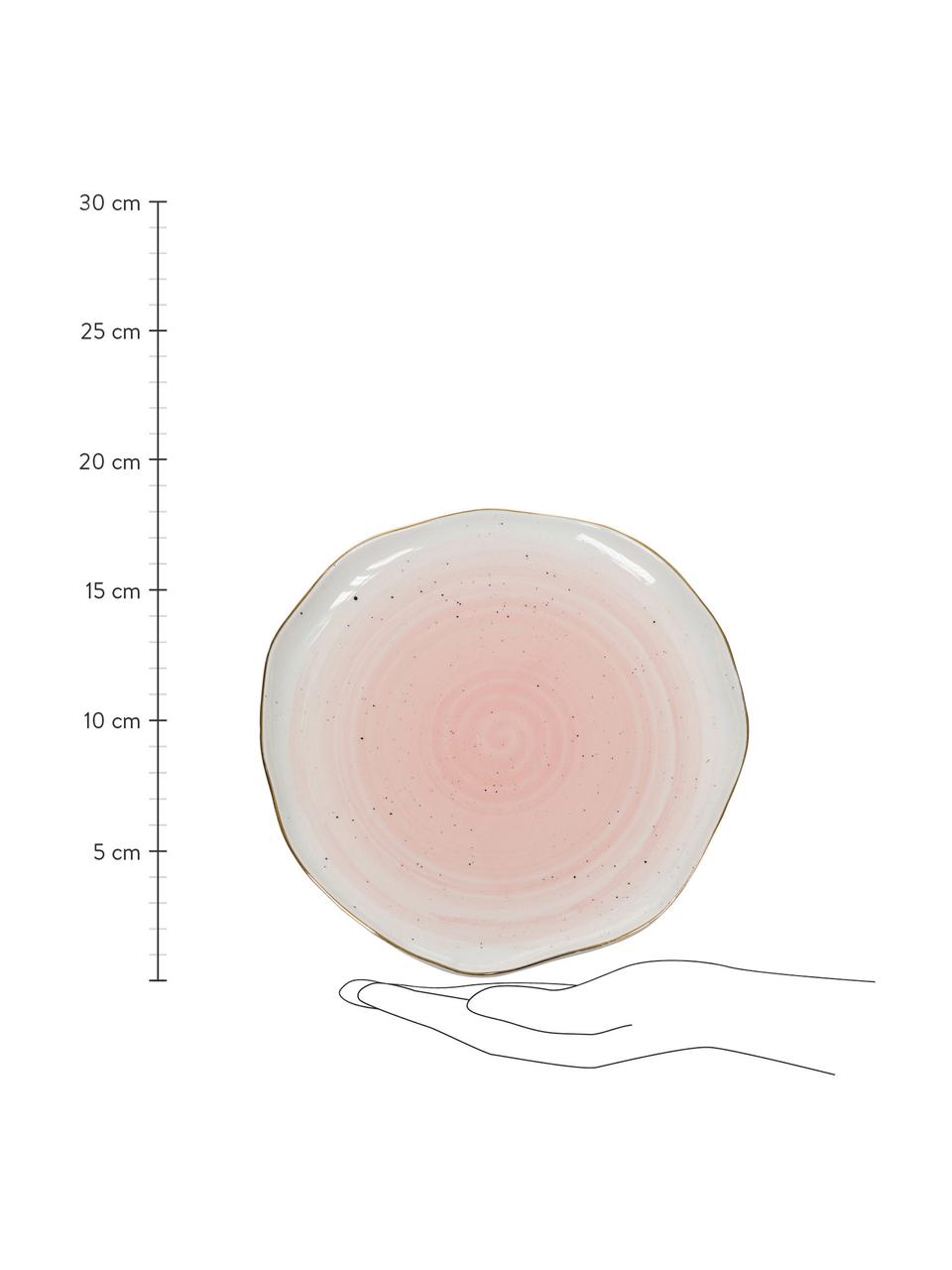 Handgemachte Frühstücksteller Bella mit Goldrand, 2 Stück, Porzellan, Rosa, Ø 19 x H 3 cm