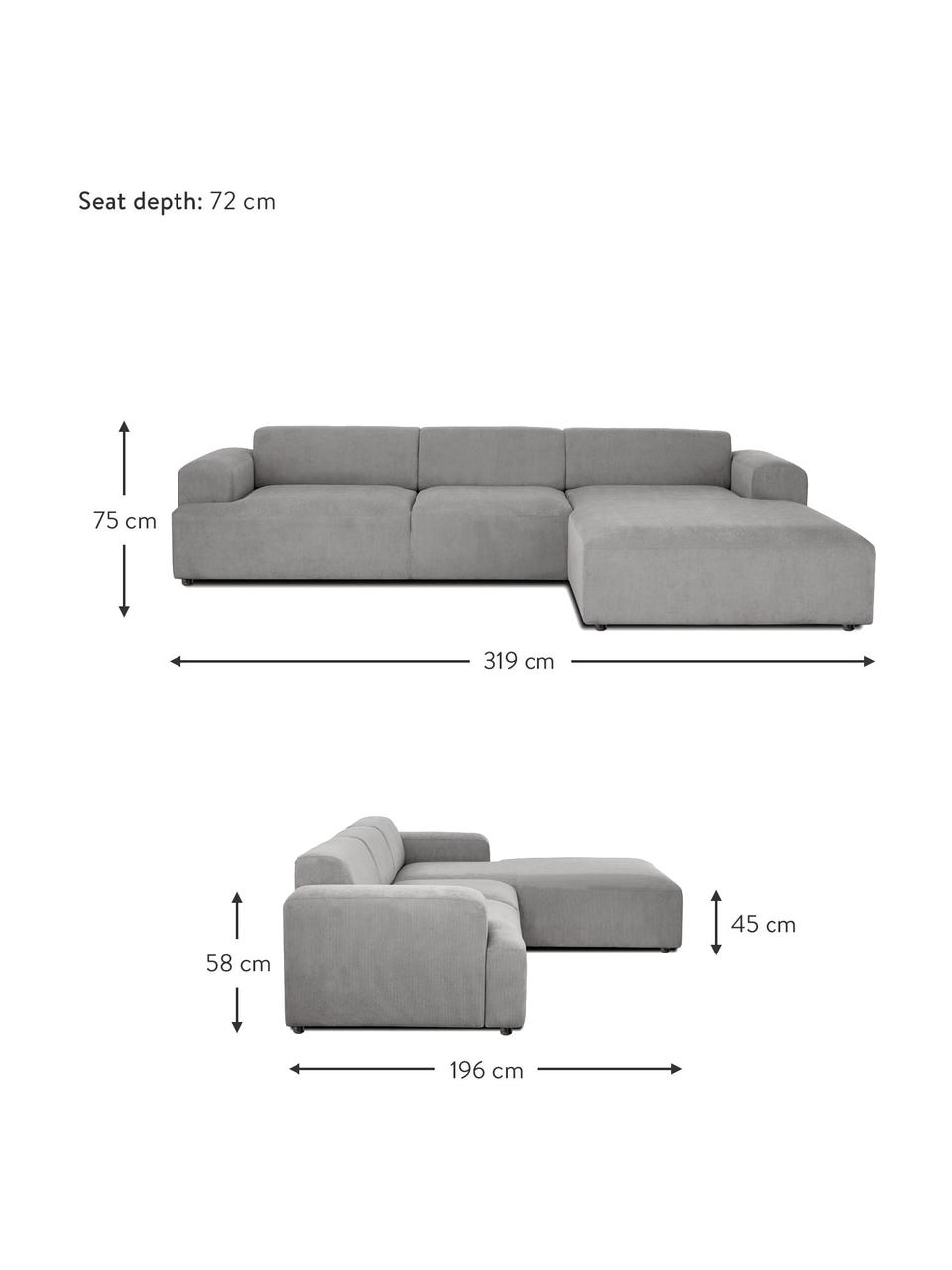 Cord-Ecksofa Melva (4-Sitzer), Bezug: Cord (92% Polyester, 8% P, Gestell: Massives Kiefernholz, FSC, Cord Grau, B 319 x T 196 cm, Eckteil rechts
