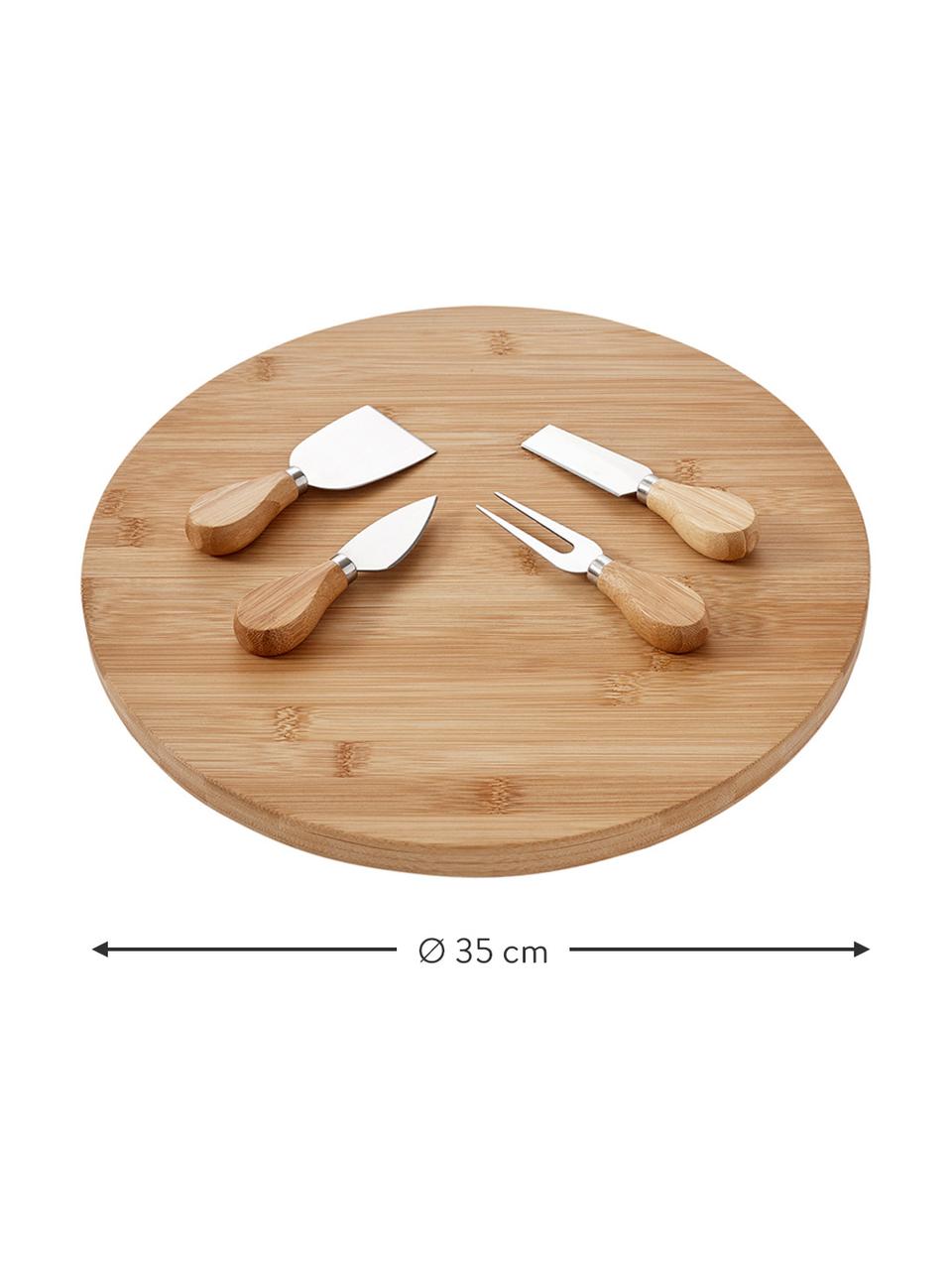 Käse-Schneidebrett Fromagerie mit Käsemesser Ø 35 cm, 5-tlg., Besteck: Mezall, Griffe: Bambus, Beige,  Ø 35 cm
