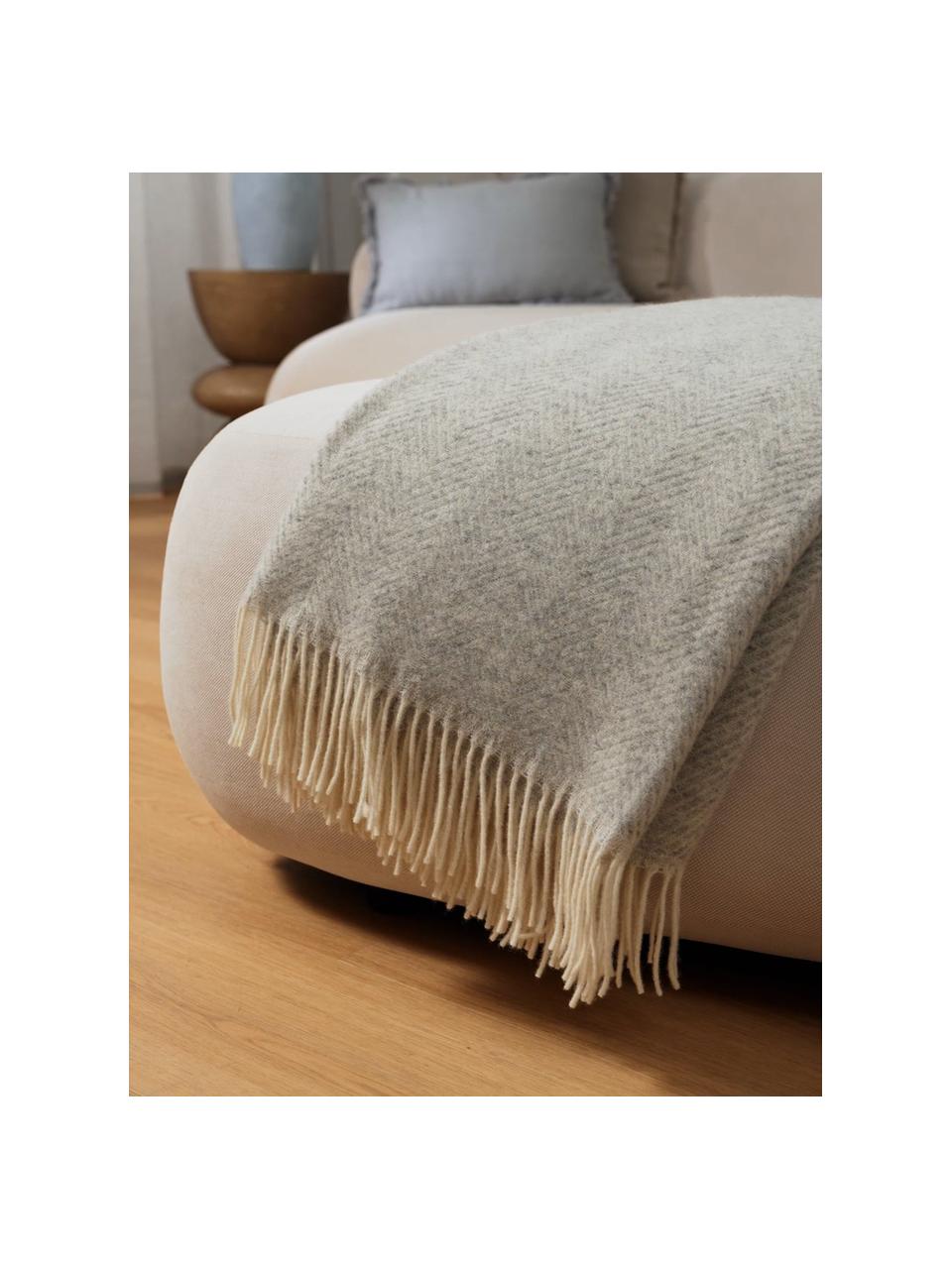 Manta de lana con flecos Tirol-Mona, Gris claro, blanco, An 140 x L 200 cm