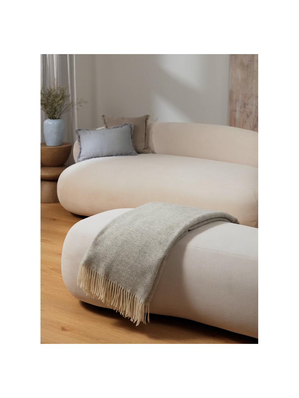 Manta de lana con flecos Tirol-Mona, Gris claro, blanco, An 140 x L 200 cm