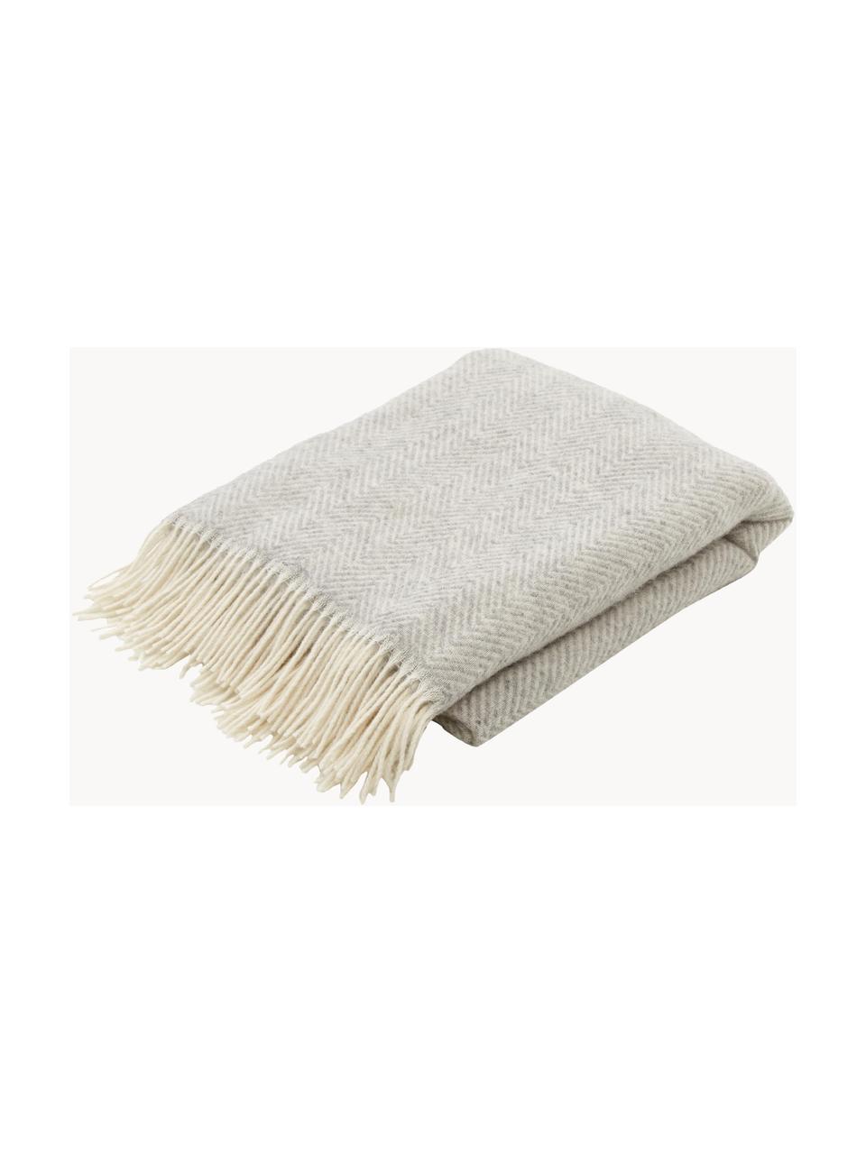 Plaid en laine avec motif à chevrons et franges Tirol, Gris clair, larg. 140 x long. 200 cm