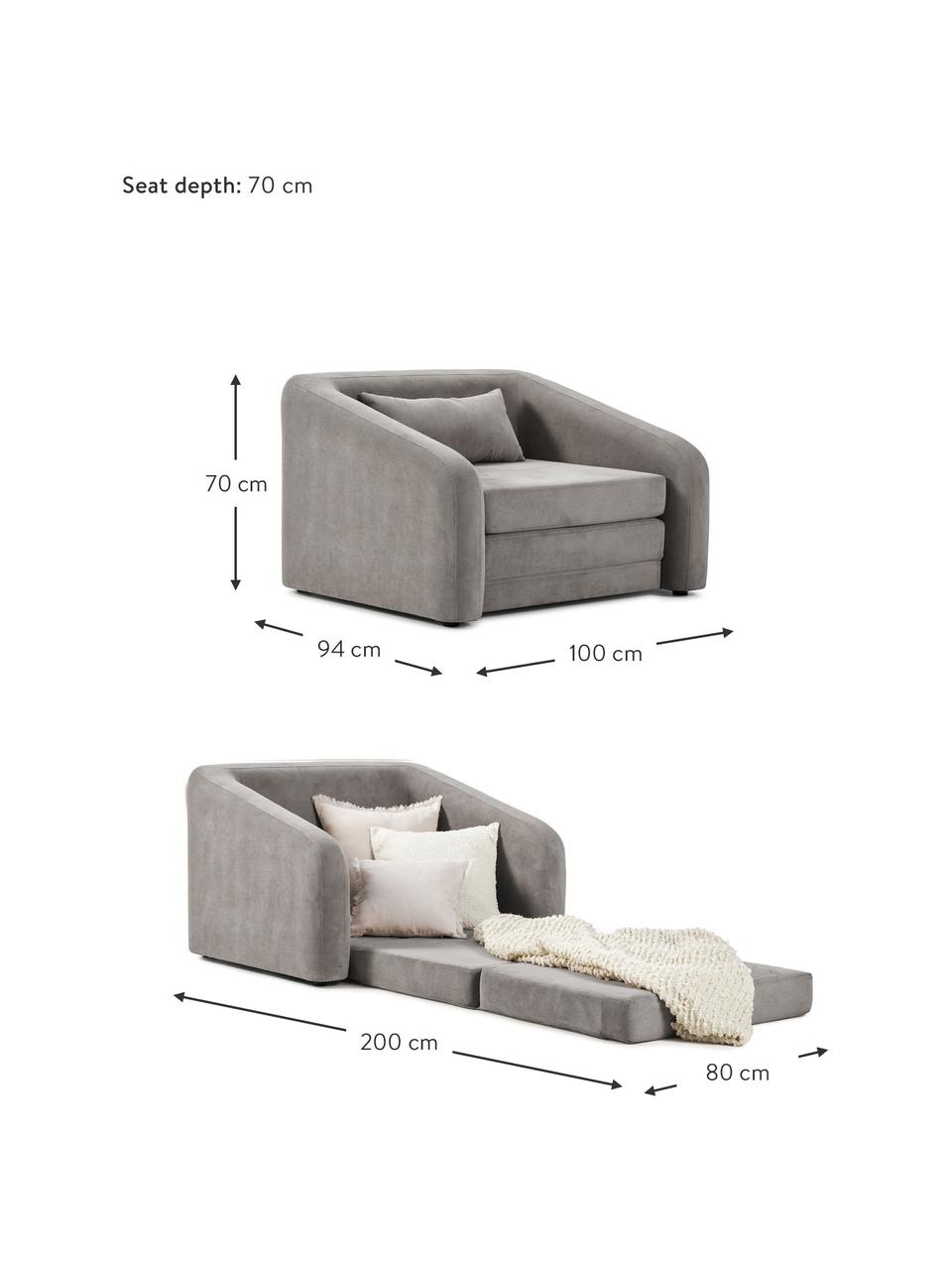 Fotel rozkładany Eliot, Tapicerka: 88% poliester, 12% nylon , Nogi: tworzywo sztuczne, Ciemnoszara tkanina, S 100 x W 70 cm