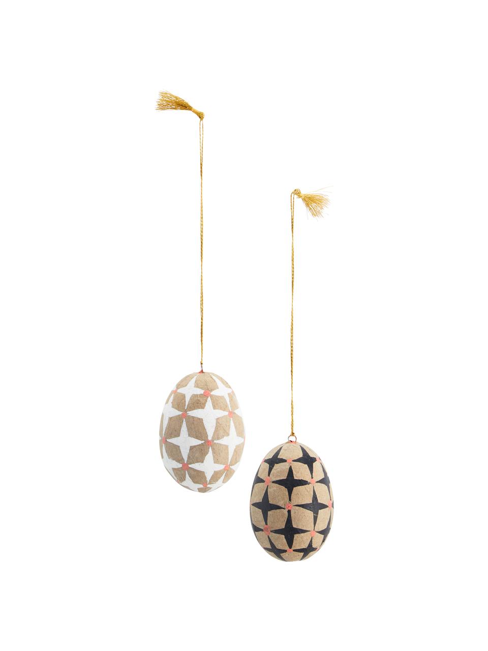 Ciondolo decorativo dipinto a mano Uova di Pasqua 2 pz, Cinturino: plastica, Beige, bianco, nero, rosso, dorato, Ø 5 x Alt. 7 cm