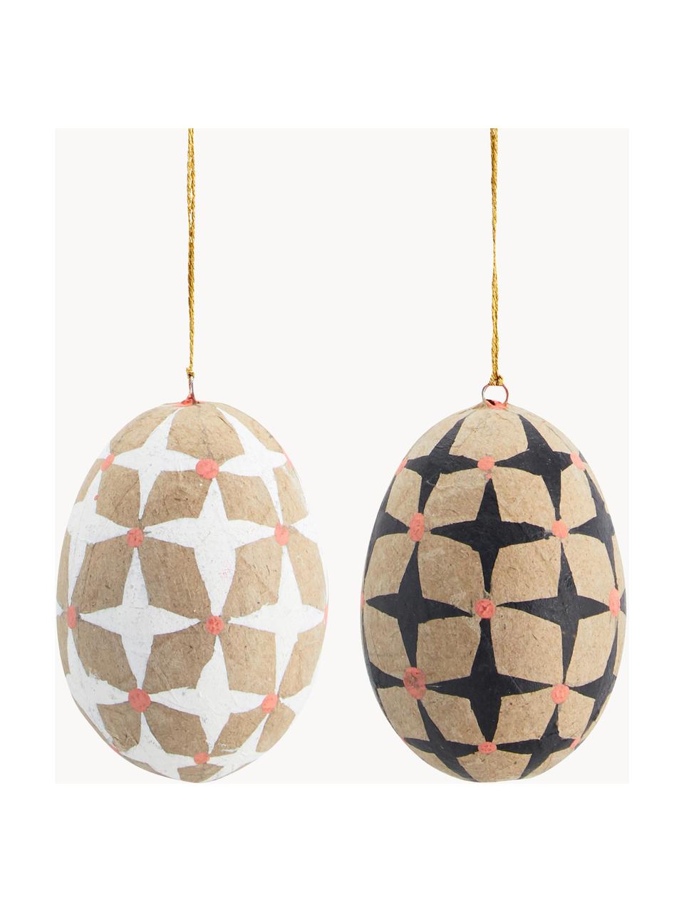 Adornos de Pascua para colgar artesanales de papel maché Ostereier, 2 uds., Cordón: plástico, Beige, negro, blanco, Ø 5 x Al 7 cm