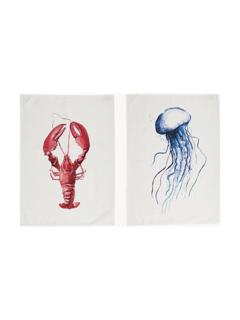 Paños de cocina Ocean, 2 uds., 100% algodón, Blanco, rojo, azul, An 50 x L 70 cm