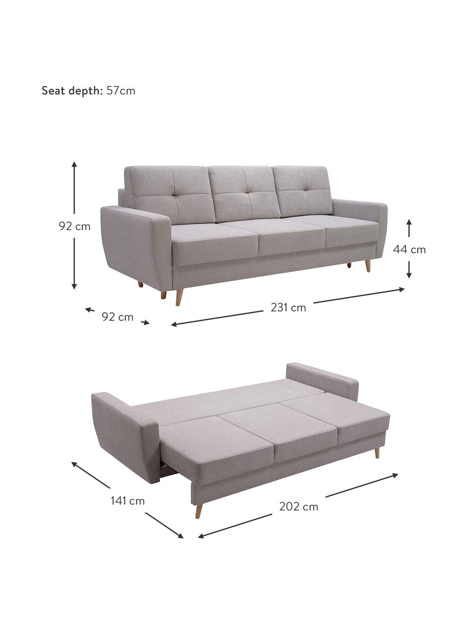 Sofá cama Bueno (3 plazas), con espacio de almacenamiento, Tapizado: 100% poliéster, Gris, An 231 x F 92 cm