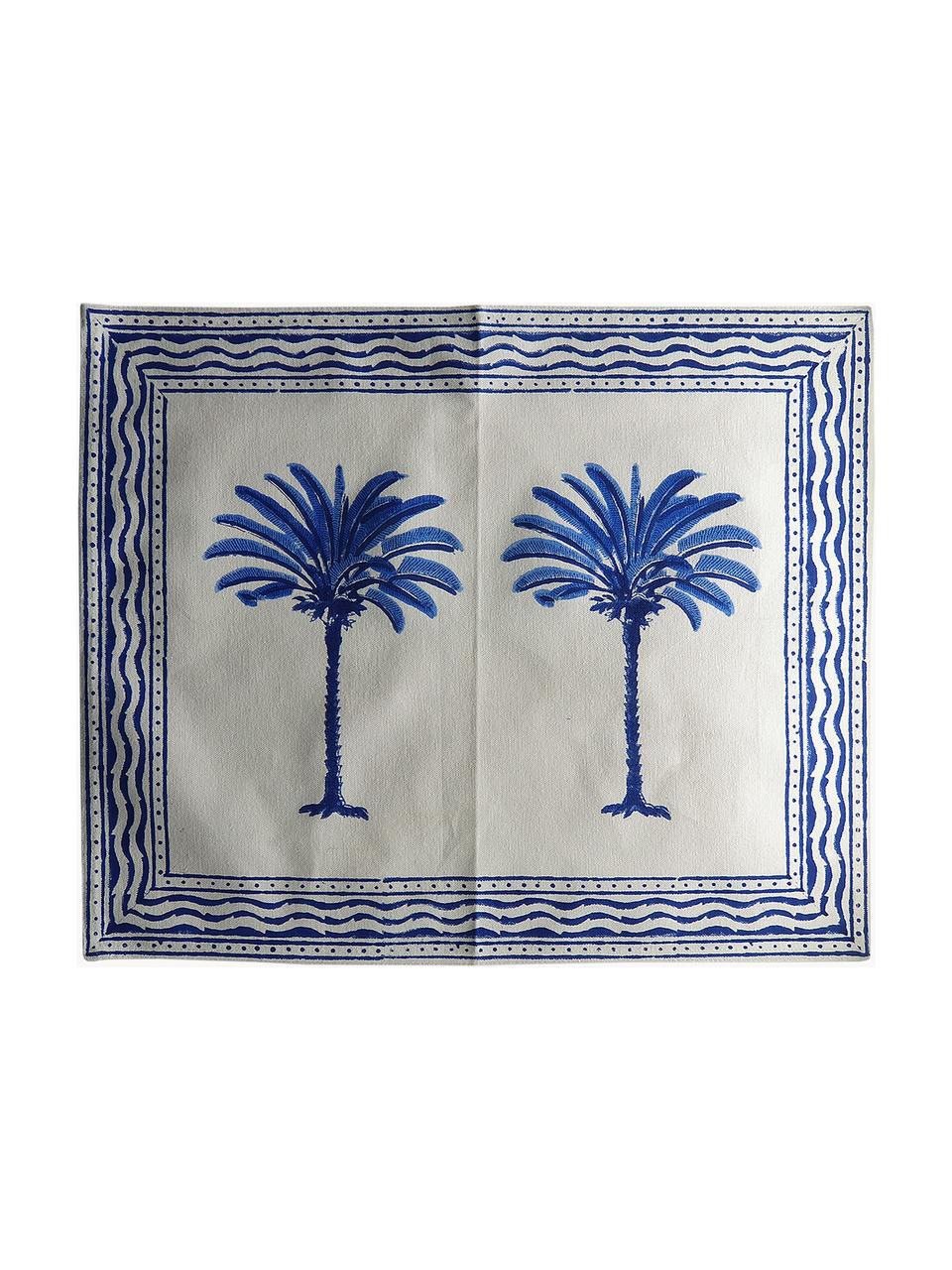 Handbedruckte Baumwoll-Tischsets The Palms, 4 Stück, 100 % Baumwolle, Weiss, Blautöne, B 40 x L 50 cm