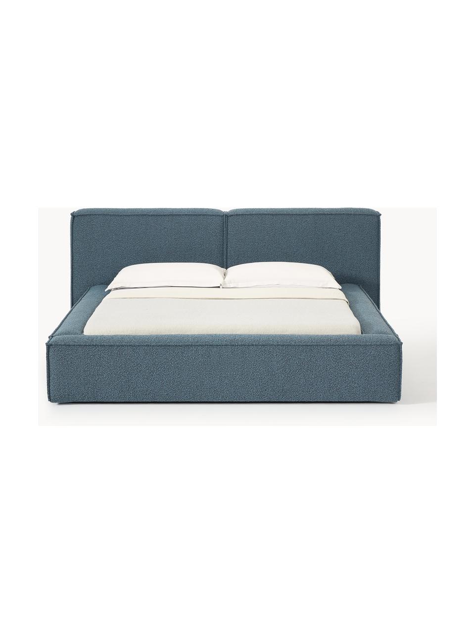 Letto imbottito in bouclé con contenitore Lennon, Rivestimento: bouclé (80% poliestere, 2, Rivestimento: schiuma, certificata Cert, Struttura: legno di pino massiccio, , Piedini: legno, plastica Questo pr, Bouclé grigio-blu, Larg. 208 x Lung. 243 cm (superfice 140 x 200 cm)