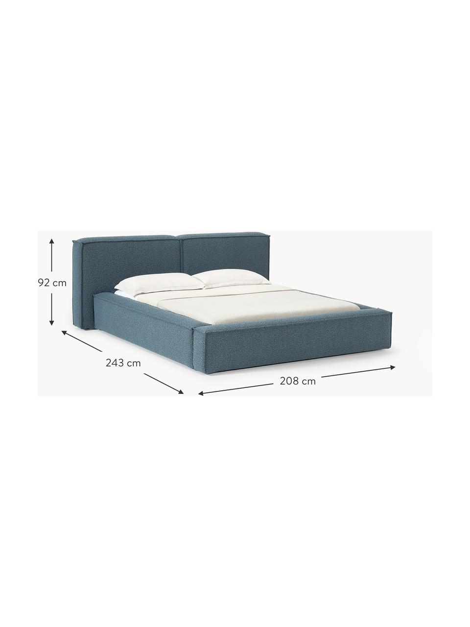 Letto imbottito in bouclé con contenitore Lennon, Rivestimento: bouclé (80% poliestere, 2, Rivestimento: schiuma, certificata Cert, Struttura: legno di pino massiccio, , Piedini: legno, plastica Questo pr, Bouclé grigio-blu, Larg. 208 x Lung. 243 cm (superfice 140 x 200 cm)