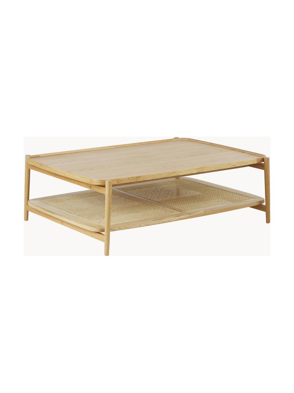 Mesa de centro de roble Tony, Tablero: tablero de fibras de dens, Estante: ratán, Estructura: madera de roble maciza pi, Roble, An 110 x Al 35 cm