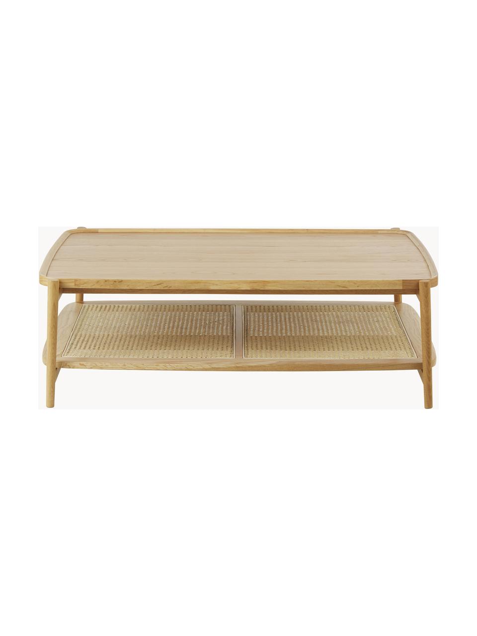 Mesa de centro de roble Tony, Tablero: tablero de fibras de dens, Estante: ratán, Estructura: madera de roble maciza pi, Roble, An 110 x Al 35 cm