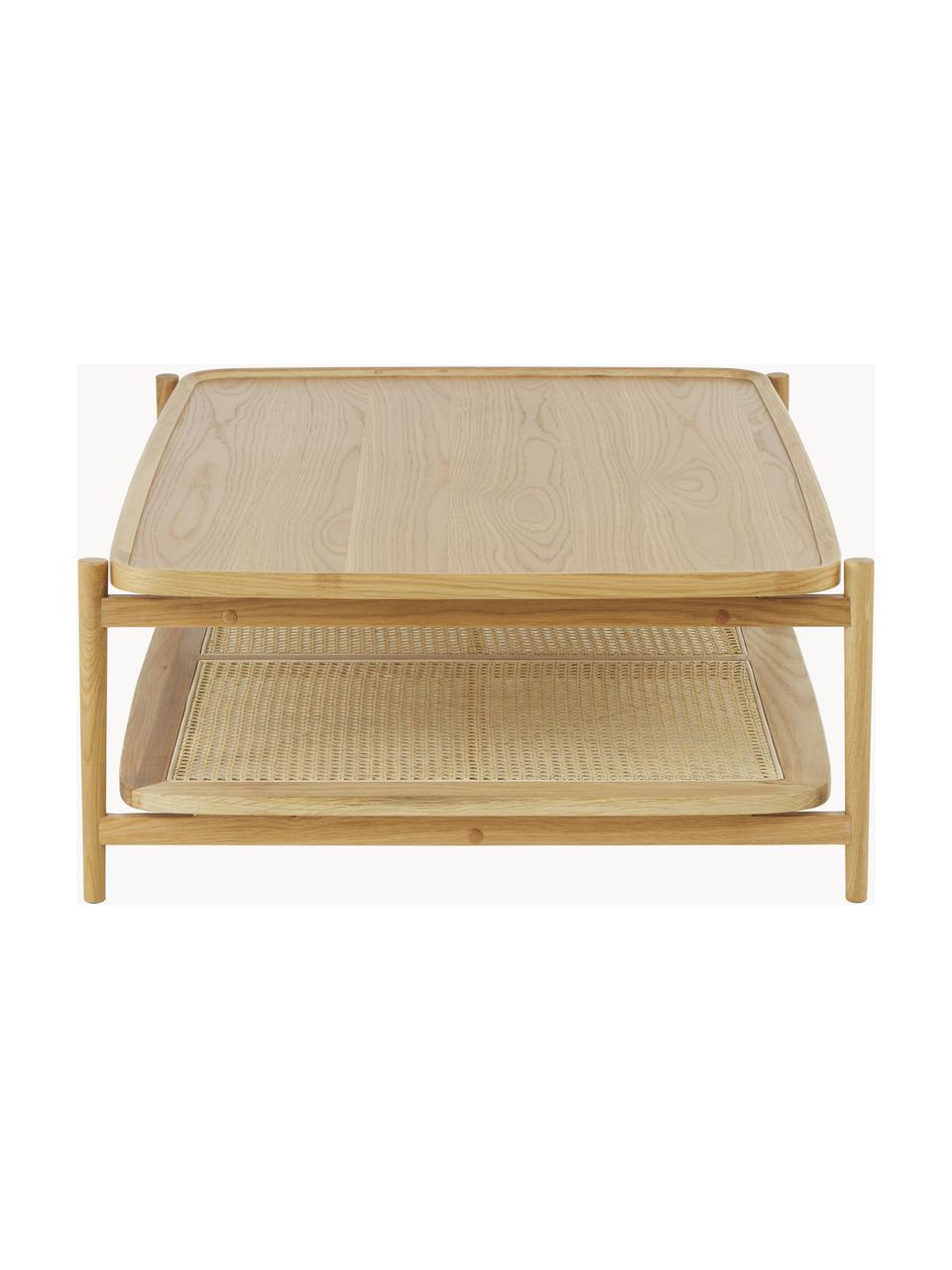 Mesa de centro de roble Tony, Tablero: tablero de fibras de dens, Estante: ratán, Estructura: madera de roble maciza pi, Roble, An 110 x Al 35 cm