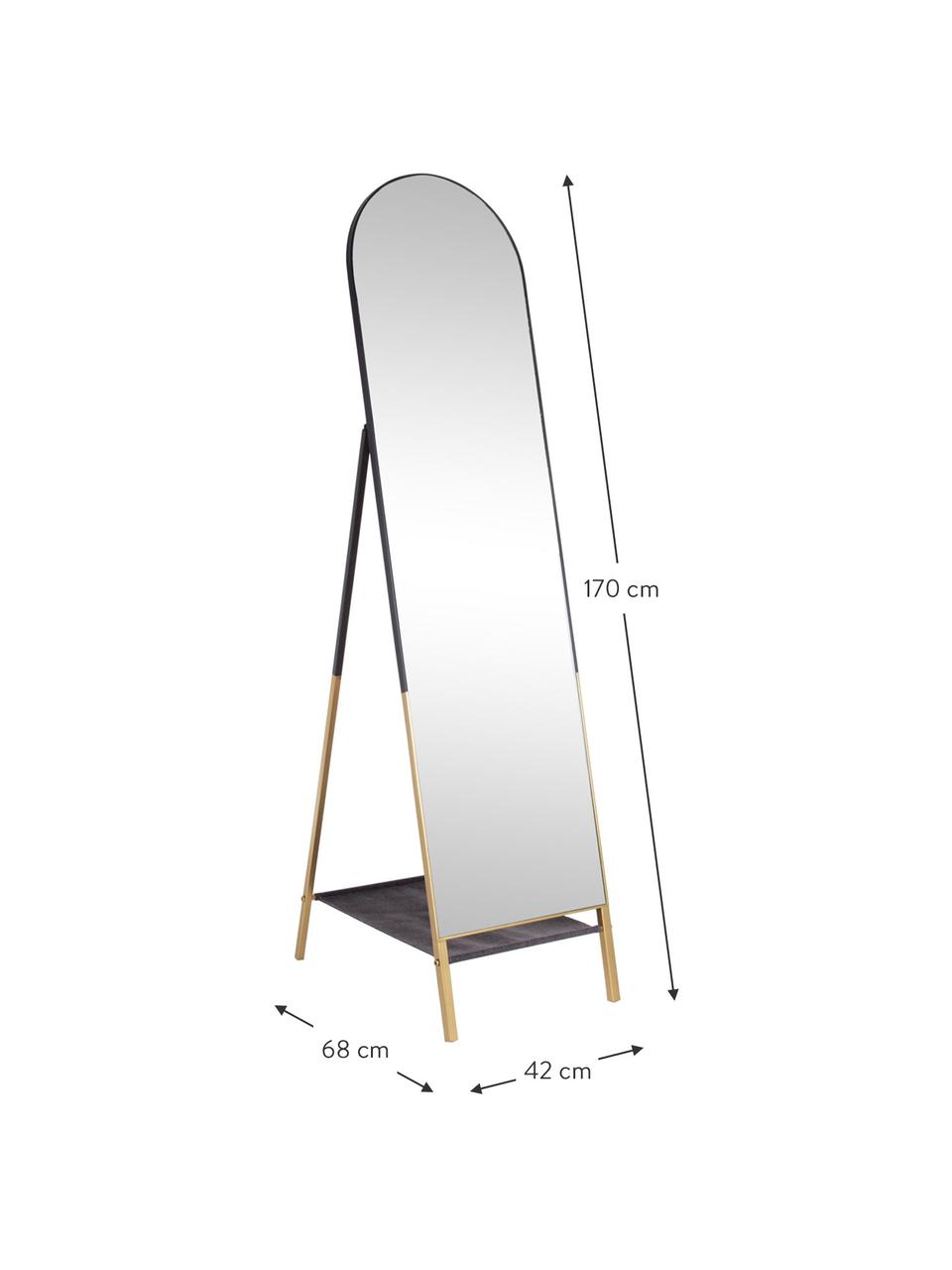 Standspiegel Flix mit Ablagefläche, Gestell: Metall, beschichtet, Rückseite: Mitteldichte Holzfaserpla, Spiegelfläche: Spiegelglas, Schwarz, Goldfarben, B 42 x H 170 cm