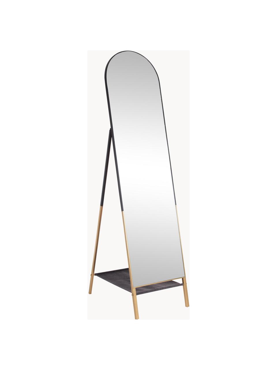 Miroir sur pied avec tablette Flix, Noir, couleur dorée, larg. 42 x haut. 170 cm