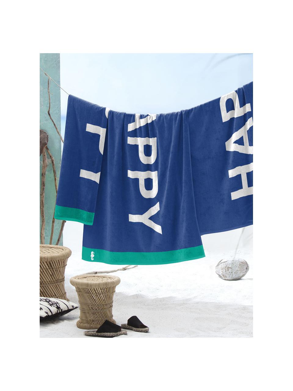 Strandtuch Happy, 100% Velours (Baumwolle)
mittelschwere Stoffqualität, 420 g/m², Blau, Weiß, Grün, 100 x 180 cm