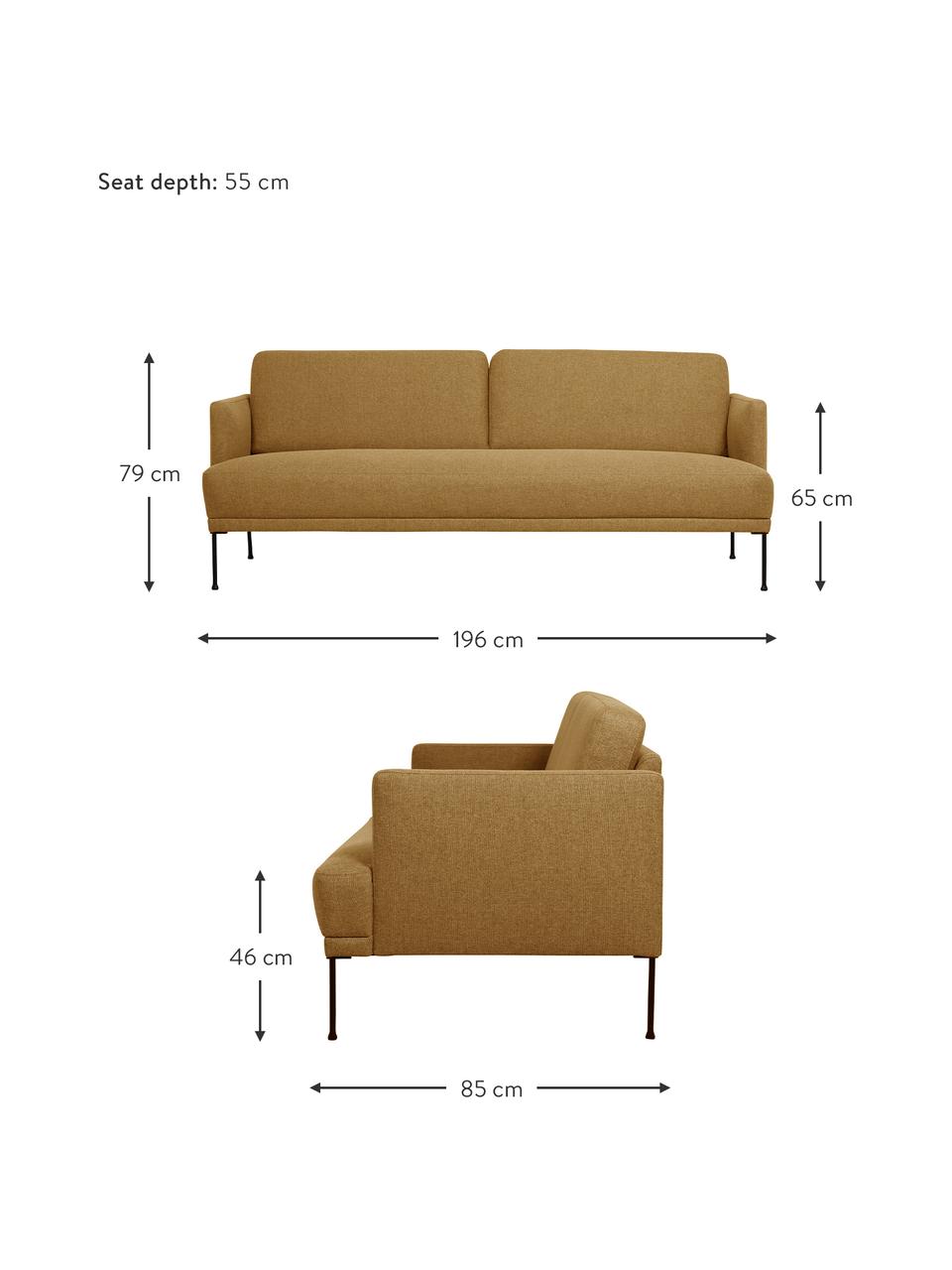 Bank Fluente (3-zits) met metalen poten, Bekleding: 100% polyester., Frame: massief grenenhout, FSC-g, Poten: gepoedercoat metaal., Geweven stof okergeel, B 196 x D 85 cm