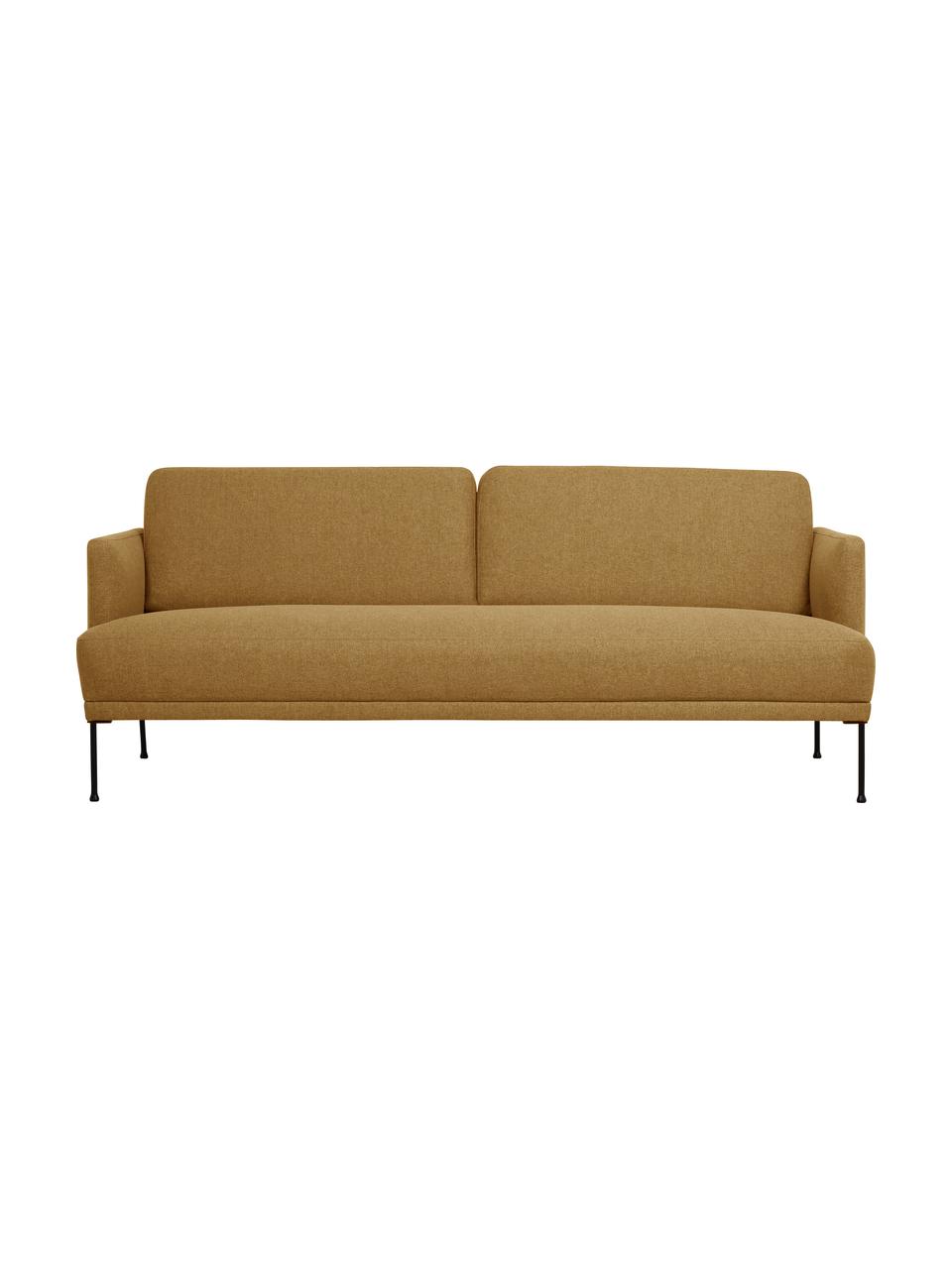 Divano 3 posti in tessuto con piedini in metallo Fluente, Rivestimento: 100% poliestere 115.000 c, Struttura: legno di pino massiccio, , Piedini: metallo verniciato a polv, Tessuto giallo ocra, Larg. 196 x Prof. 85 cm
